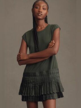 Anthropologie Dark Olive Layered Pleated Mini Dress